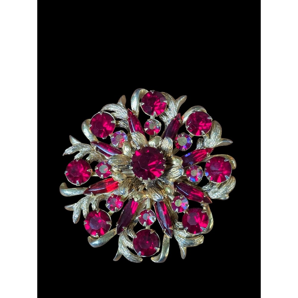 Vintage Selro Selini Ruby Red Rhinestone AB Crystal Gold Tone Floral Brooch
